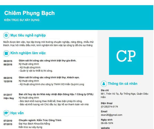 Mẫu CV KIẾN TRÚC SƯ XÂY DỰNG