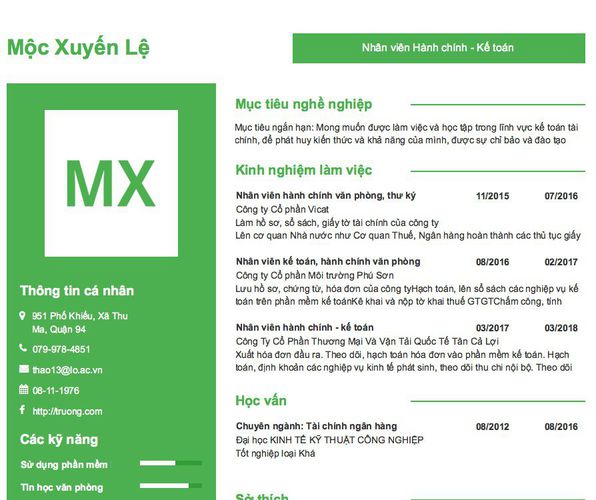 Mẫu CV Nhân viên Hành chính - Kế toán