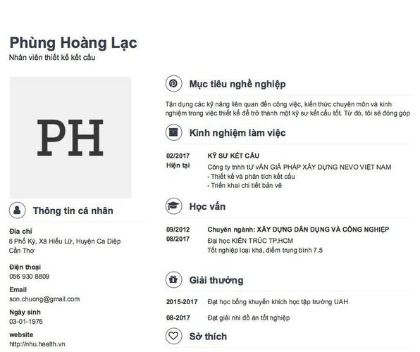 Mẫu CV Nhân viên thiết kế kết cấu