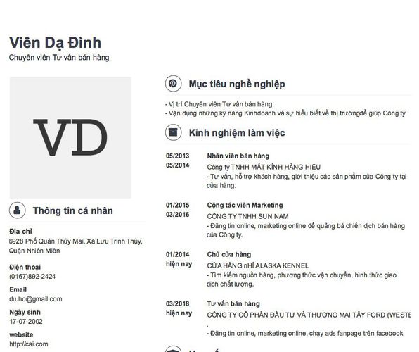 Mẫu CV Chuyên viên Tư vấn bán hàng