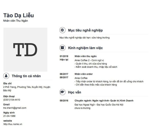 Mẫu CV Nhân viên Thu Ngân