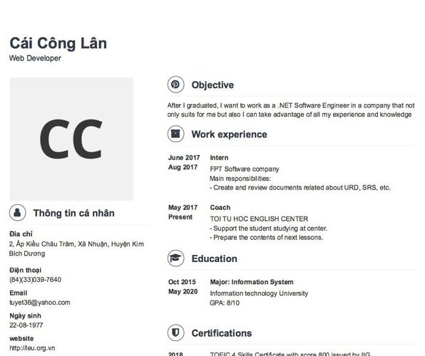 Gợi ý cách viết Mẫu CV tham khảo Web Developer