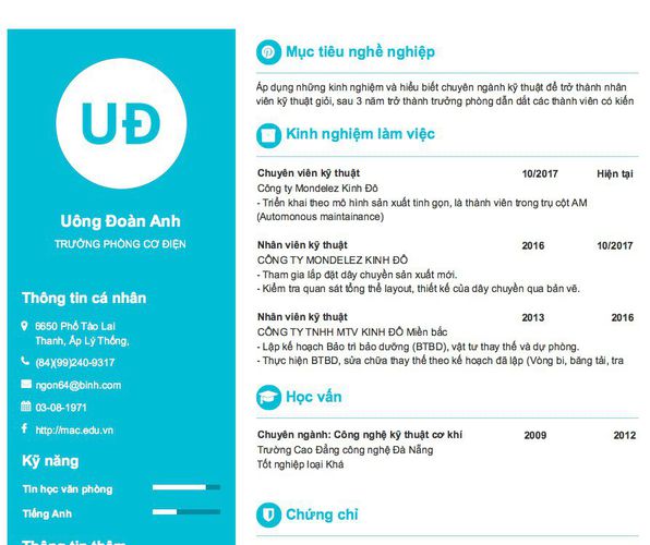 Mẫu CV TRƯỞNG PHÒNG CƠ ĐIỆN