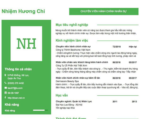Mẫu CV CHUYÊN VIÊN HÀNH CHÍNH NHÂN SỰ