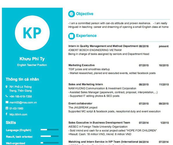 Mẫu CV English Teacher Position