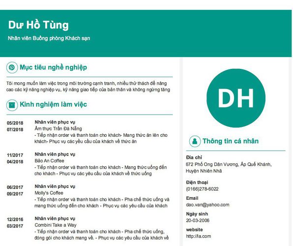 Mẫu CV Nhân viên Buồng phòng Khách sạn