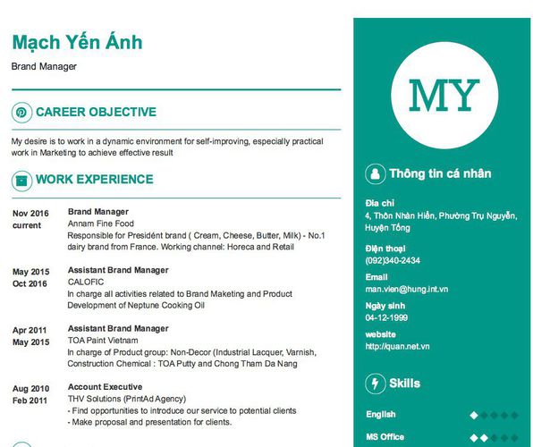 Mẫu CV Brand Manager