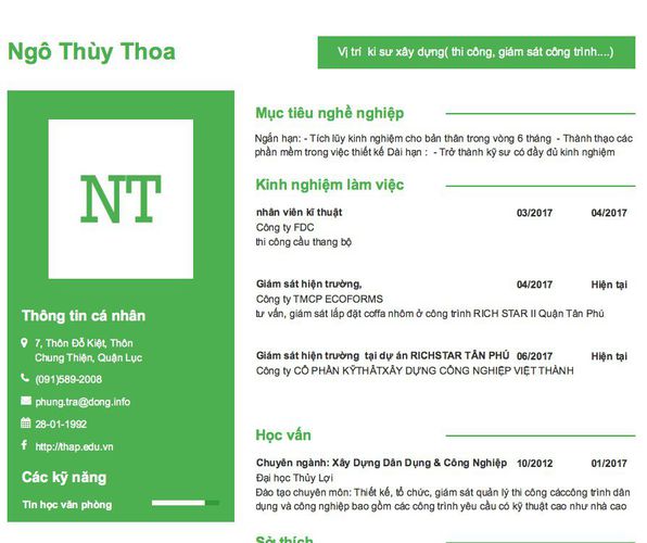 Mẫu CV Vị trí  ki sư xây dựng( thi công, giám sát công trình....)