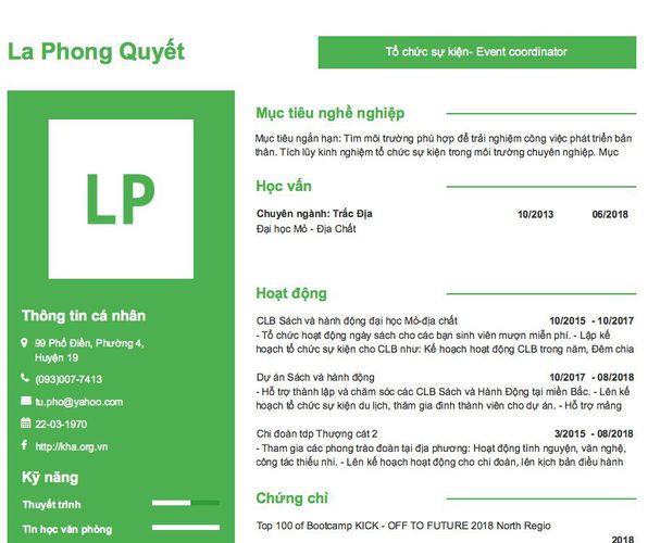 Mẫu CV Tổ chức sự kiện- Event coordinator