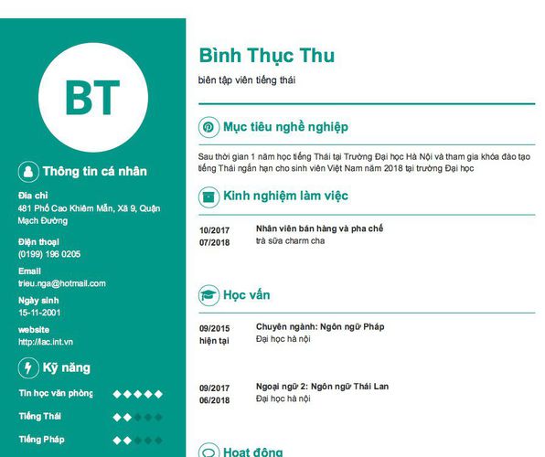 Mẫu CV biên tập viên tiếng thái