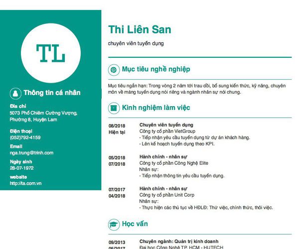 Mẫu CV chuyên viên tuyển dụng