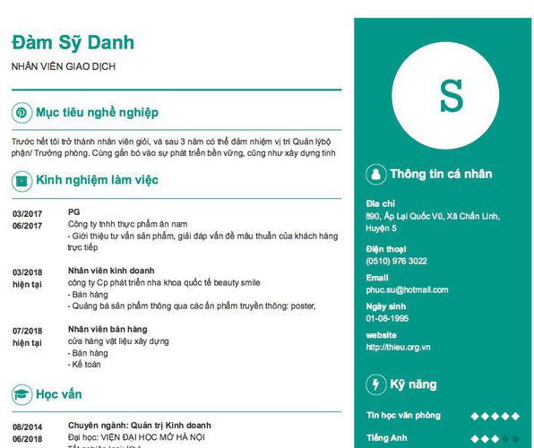 Mẫu CV NHÂN VIÊN GIAO DỊCH