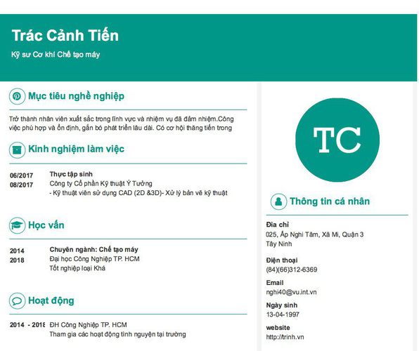 Mẫu CV Kỹ sư Cơ khí Chế tạo máy