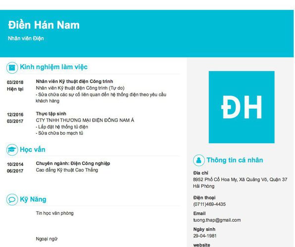 Mẫu CV Nhân viên Điện