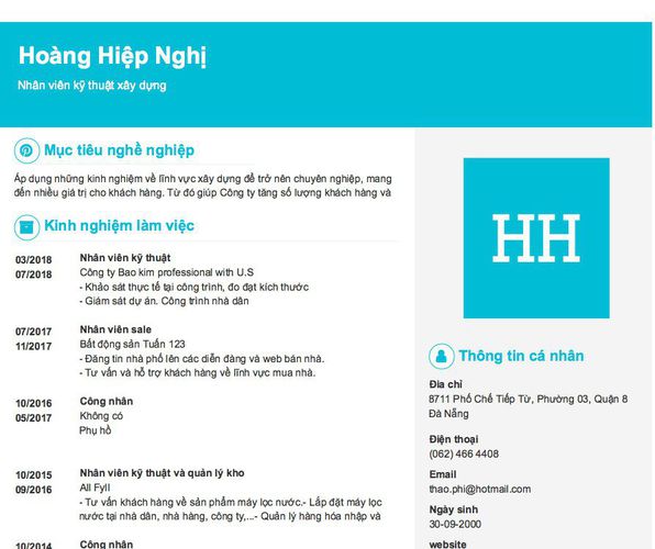 Mẫu CV Nhân viên kỹ thuật xây dựng