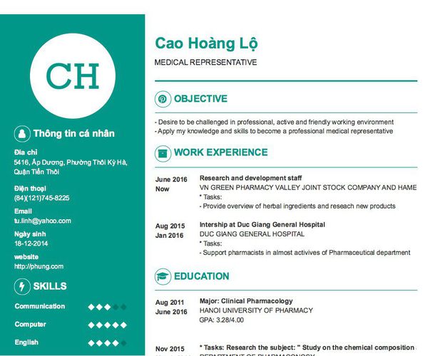 Mẫu CV MEDICAL REPRESENTATIVE