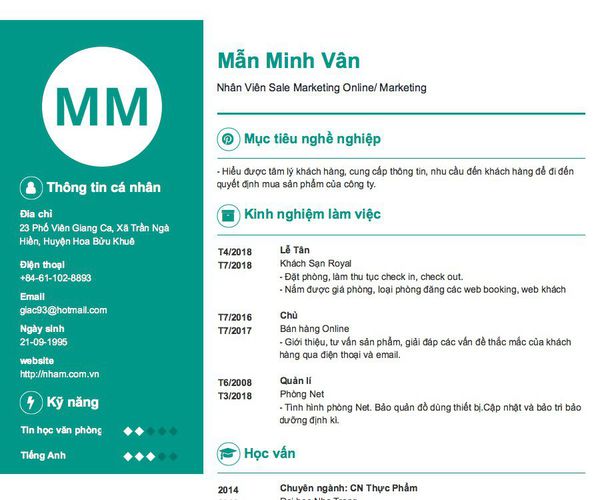 Gợi ý cách viết Mẫu CV tham khảo Nhân Viên Sale Marketing Online/ Marketing