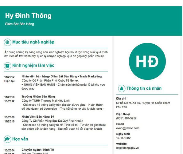 Mẫu CV Giám Sát Bán Hàng