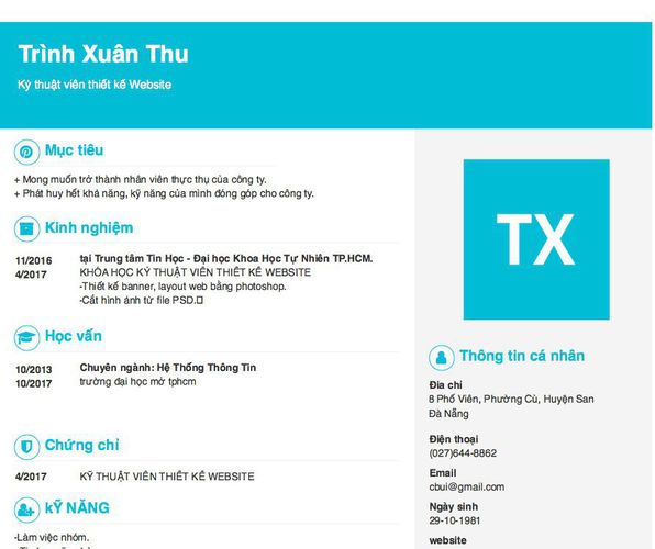 Mẫu CV Kỷ thuật viên thiết kế Website