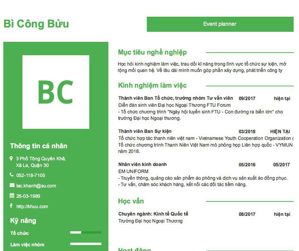 Mẫu CV Event planner