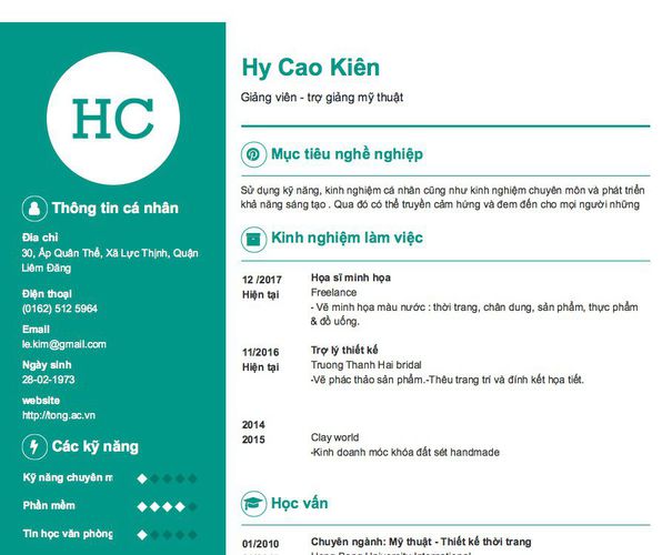 Mẫu CV Giảng viên - trợ giảng mỹ thuật