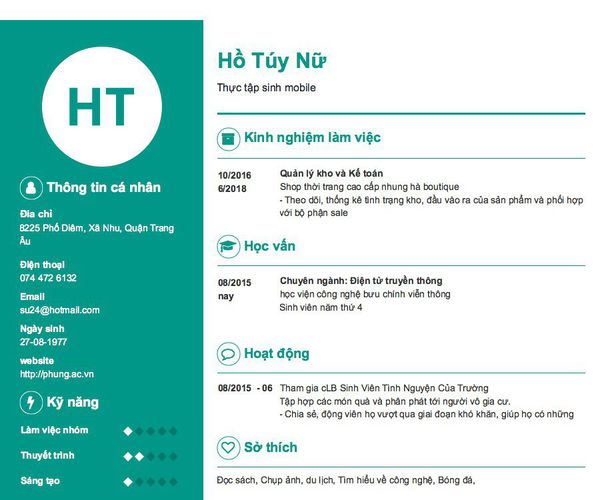 Mẫu CV Thực tập sinh mobile