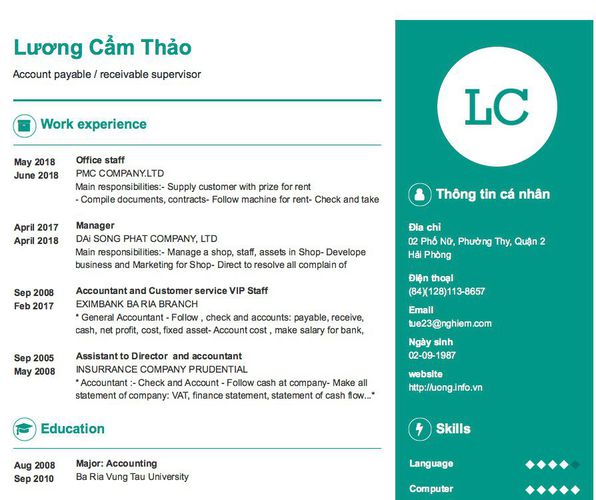 Mẫu CV Account payable / receivable supervisor