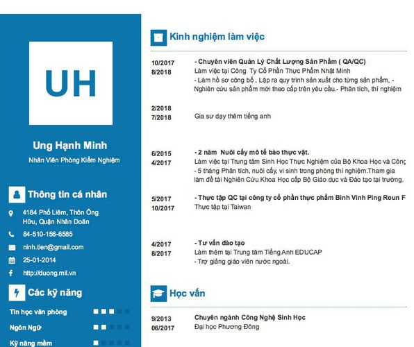 Gợi ý cách viết Mẫu CV tham khảo      Nhân Viên Phòng Kiểm Nghiệm