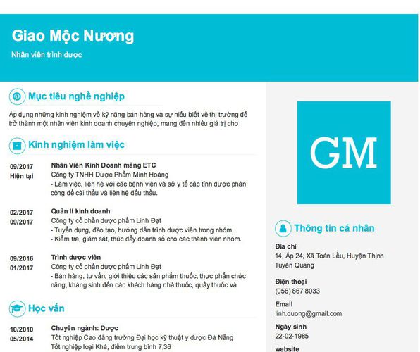 Mẫu CV Nhân viên trình dược