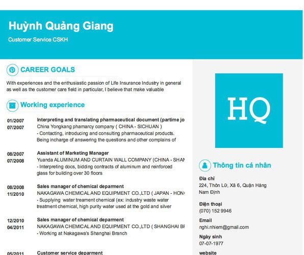 Mẫu CV Customer Service CSKH