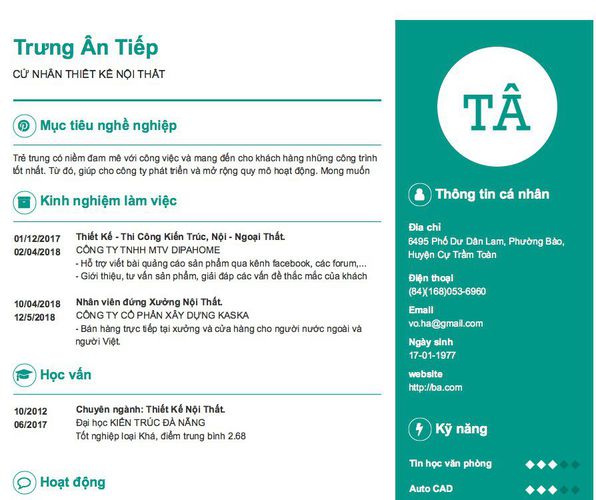 Mẫu CV CỬ NHÂN THIẾT KẾ NỘI THẤT