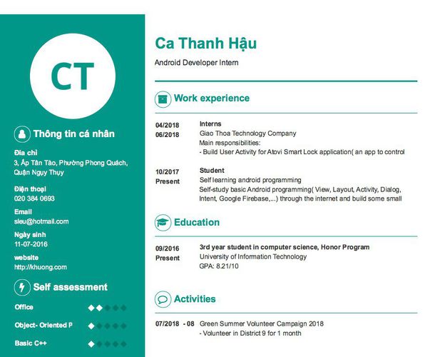 Mẫu CV Android Developer Intern