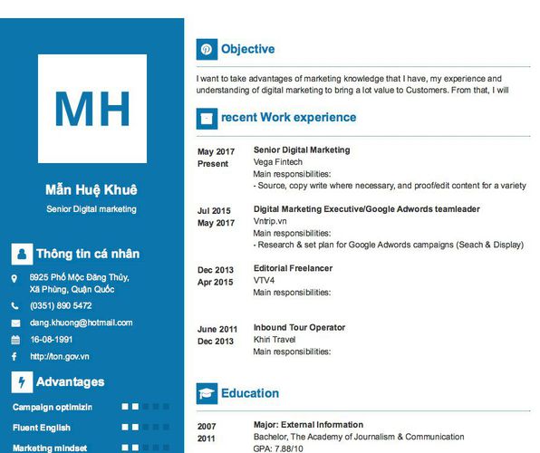 Mẫu CV Senior Digital marketing