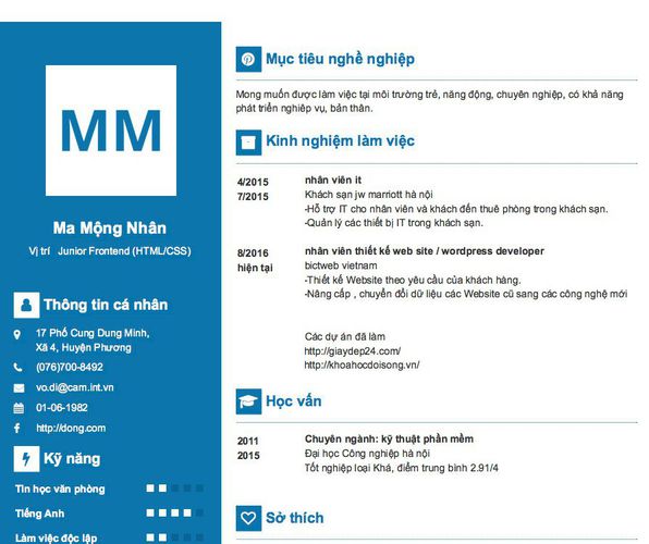 Mẫu CV Vị trí   Junior Frontend (HTML/CSS)