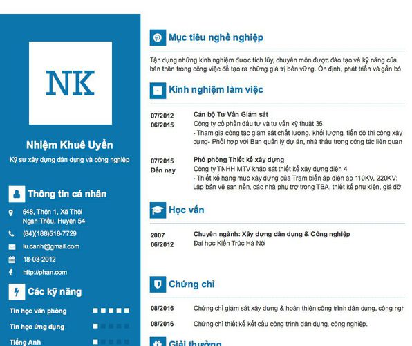 Mẫu CV Kỹ sư xây dựng dân dụng và công nghiệp
