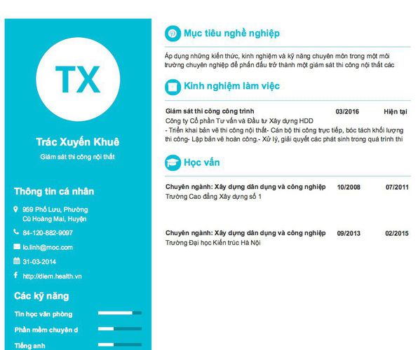 Mẫu CV Giám sát thi công nội thất