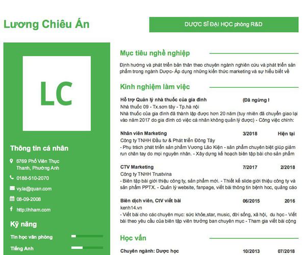 Mẫu CV DƯỢC SĨ ĐẠI HỌC phòng R&D