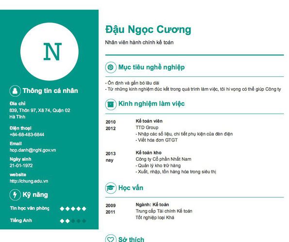 Mẫu CV Nhân viên hành chính kế toán