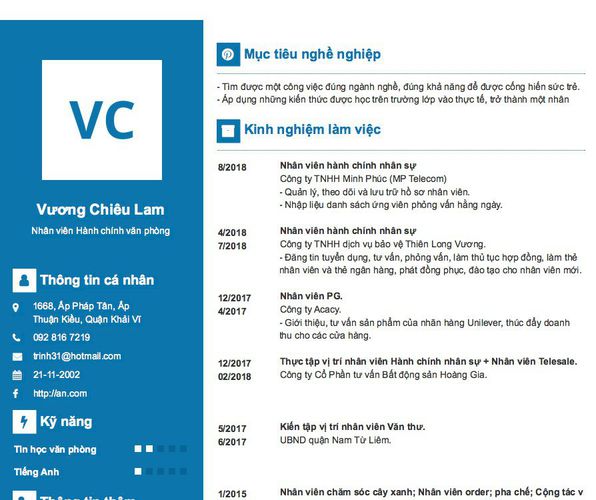 Mẫu CV Nhân viên Hành chính văn phòng