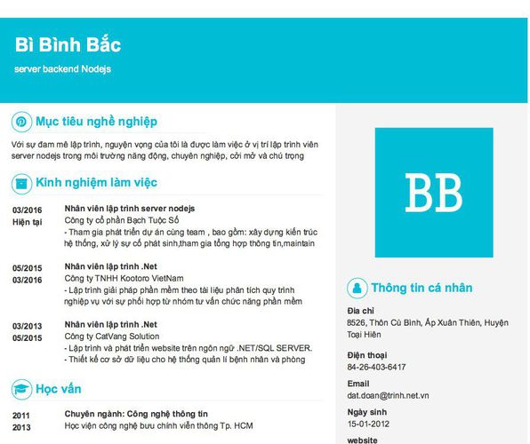 Mẫu CV server backend Nodejs