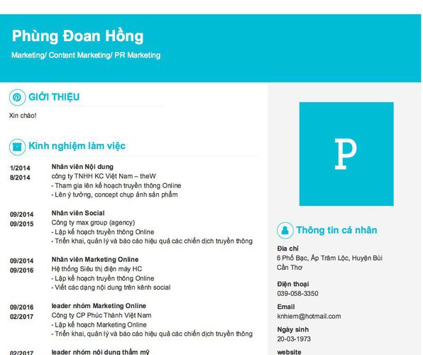 Mẫu CV Marketing/ Content Marketing/ PR Marketing