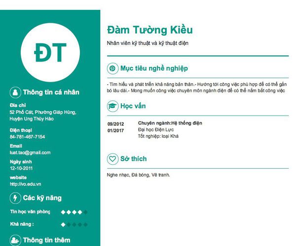 Mẫu CV Nhân viên kỹ thuật và kỹ thuật điện