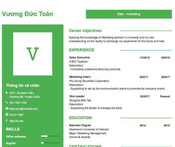 Mẫu CV Sale - marketing