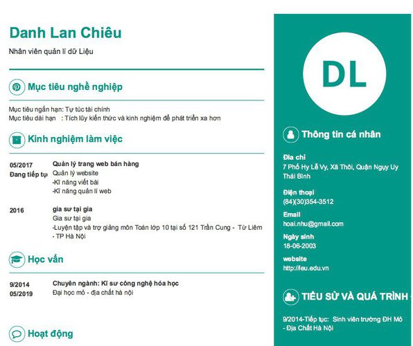 Mẫu CV Nhân viên quản lí dữ Liệu