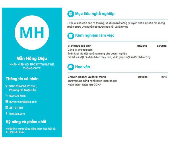 Mẫu CV NHÂN VIÊN HỖ TRỢ KỸ THUẬT HỆ THỐNG CNTT