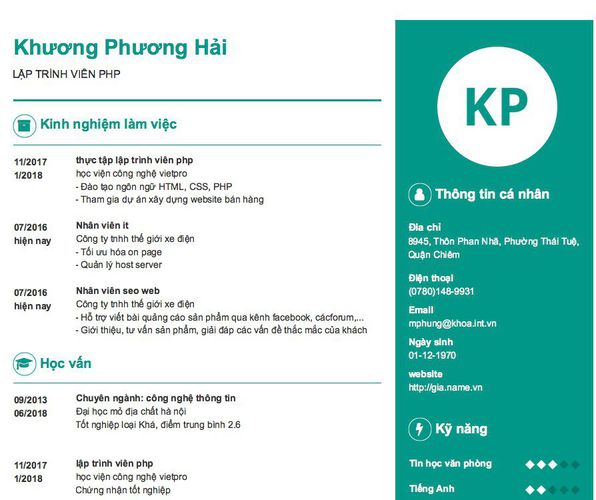 Mẫu CV LẬP TRÌNH VIÊN PHP