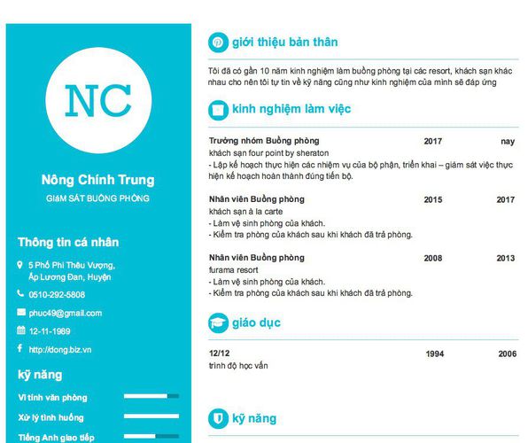 Mẫu CV GIáM SÁT BUỒNG PHÒNG