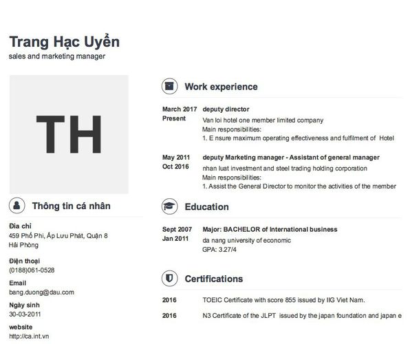 Mẫu CV sales and marketing manager