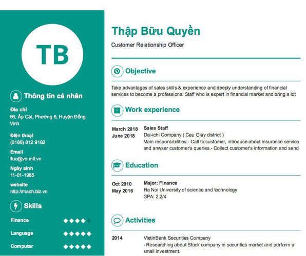 Mẫu CV Customer Relationship Officer