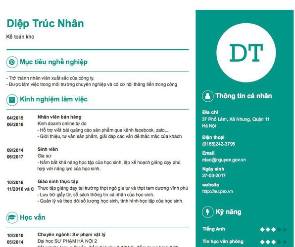 Mẫu CV Kế toán kho